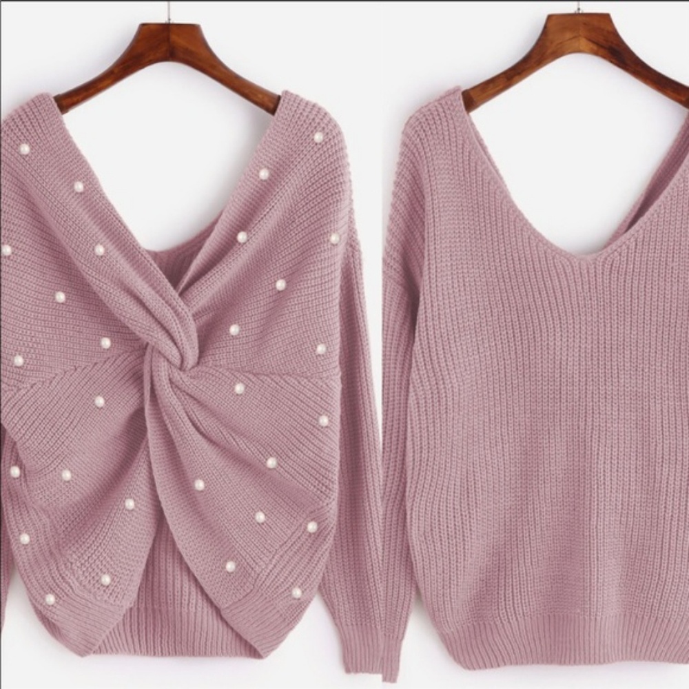 Open Back Twisted Knot Back Pearl Sweater - Picture 2 of 4